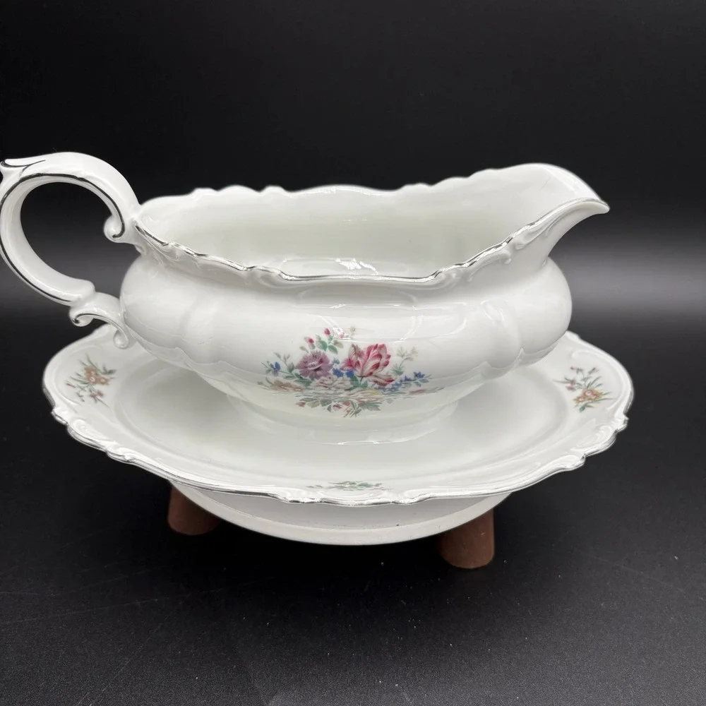 Crown Bavaria Germany Gravy Boat  Bowl Attached Platter Ladle Bouquet Floral Vtg